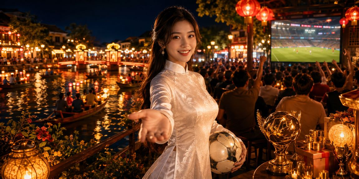 Hình ảnh phố cổ Hội An với chủ đề cá cược bóng đá và trang phục áo dài truyền thống