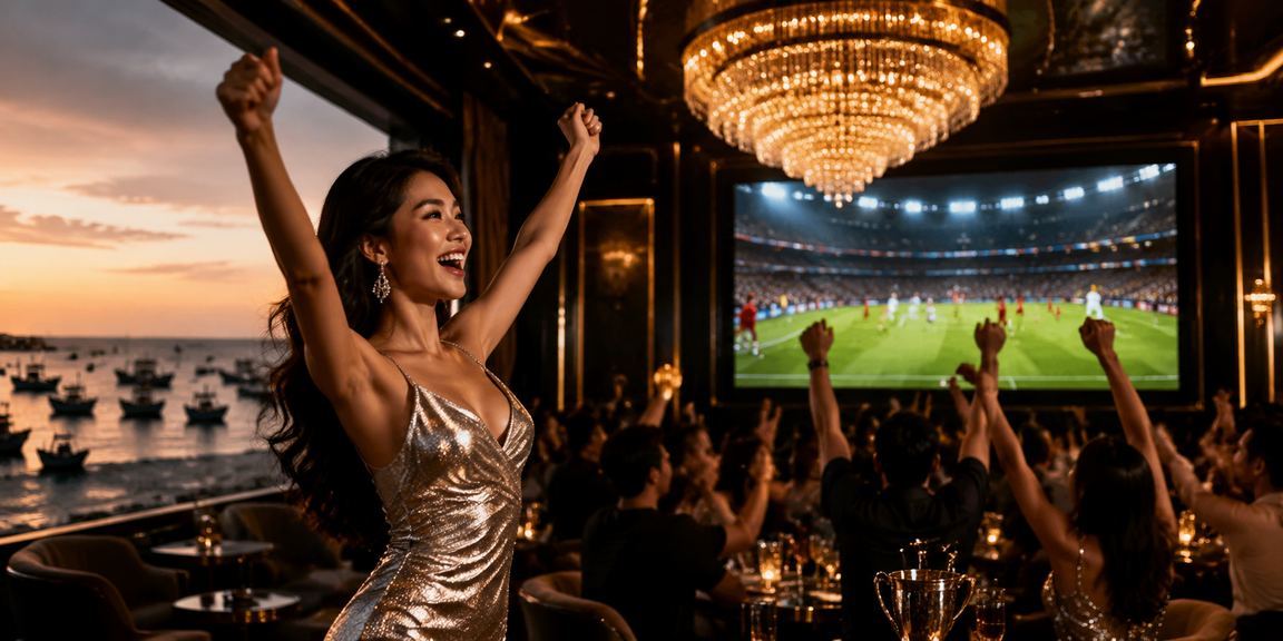 Người hâm mộ bóng đá xem và đặt cược tại bãi biển Mũi Né trong ánh nắng chiều